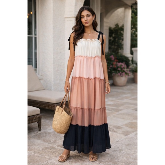 Fanco Dresses & Skirts - Fanco Boho Tiered Colorblock Maxi Dress Size S Cottagecore Resort Romantic Flowy